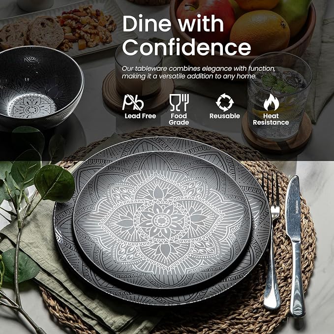 bzyoo 12 Piece Black Melamine Dinnerware Set - Durable, Dishwasher Safe Black Plates and Bowls - Ideals for Parties, Camping Dish Set La La Mandala