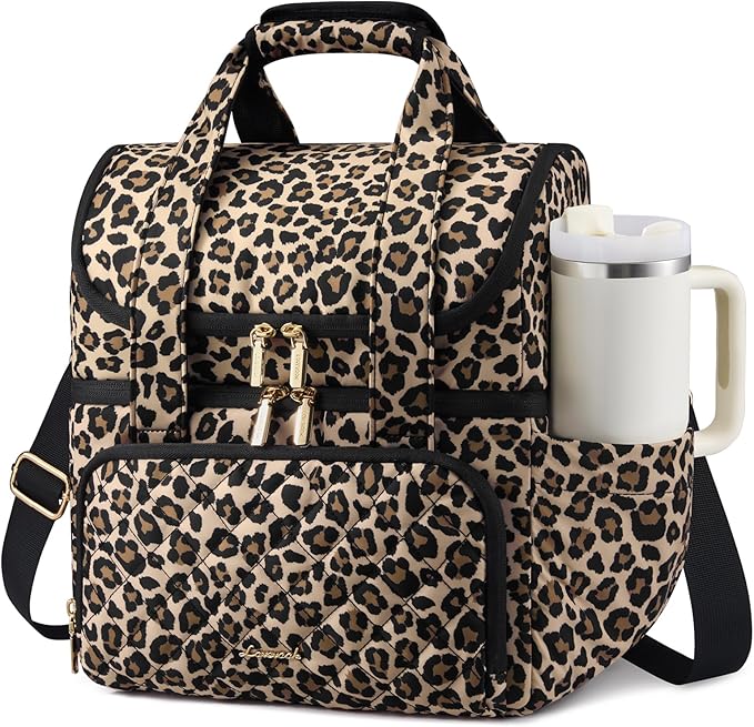 LOVEVOOK Insulated Lunch Bag for Women,Large Double Deck Adult Lunch Box,Teacher Lunch Tote Bag with Cup Holder,Leakproof Cooler Bag with Adjustable Shoulder Strap for Work Picnic Beach,Larger 15L