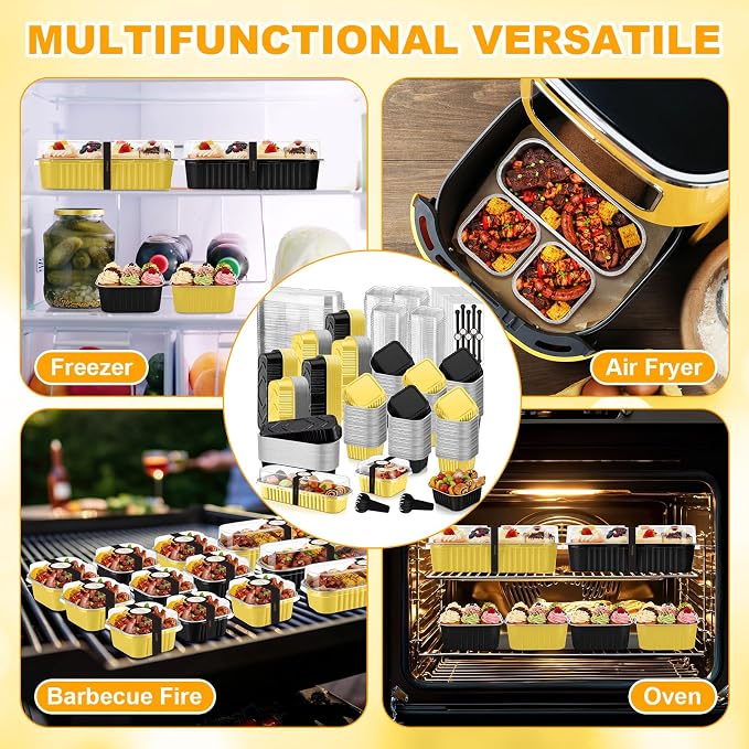 LemonRoad 240 Pcs Mini Loaf Pan with Lids and Spoons 6.8oz Rectangular Aluminum Foil Bread Pan 5oz Square Cake Cup with Decal Disposable Baking Supply for Graduate Wedding Birthday (Black,Gold)