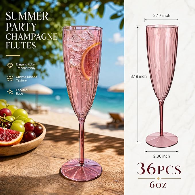 WDF 36PCS Rose Plastic Champagne Flutes - 6OZ Rose Champagne Flutes Party Supplies for Wedding/Birthday/Baby Shower/Anniversary