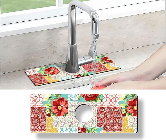 Kitchen Sink Splash Guard Faucet Mat Super Absorbent Fast Drying Mat Sink Gadgets Splash Guard Behind Faucet Drip Catcher for Kitchen (Boho Trellis, 15x5.5in)