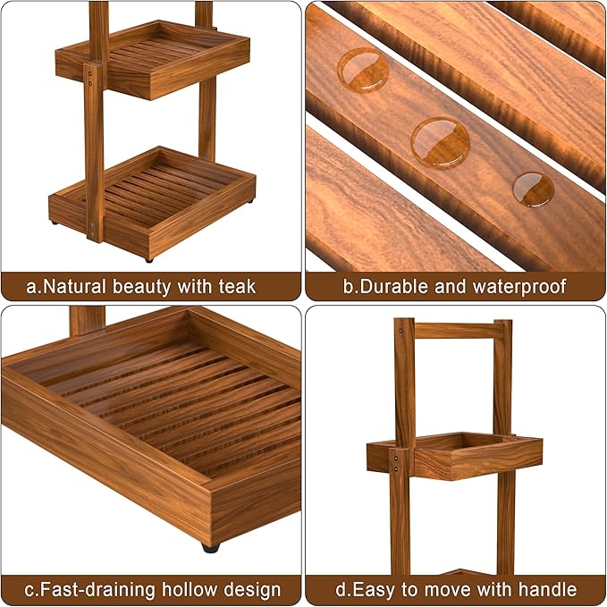 Teak Shower Shelf Bathroom Organizer - 3 Tier Multipurpose Shower Caddy with Non-Slip Base, Rustproof Durable Standing Towel Rack Toilet Paper Roll Holder for Bathroom Livingroom