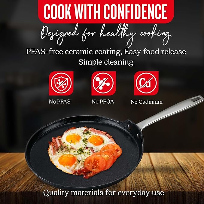 Alva Maestro Ceramic Nonstick Crepe Pan, 10 Inch Pancake Pan and Egg Pan, PFAS-Free Flat Griddle Pan, Induction Compatible Oven Safe Breakfast Pan for Crepes, Pancakes, Eggs and Blinis