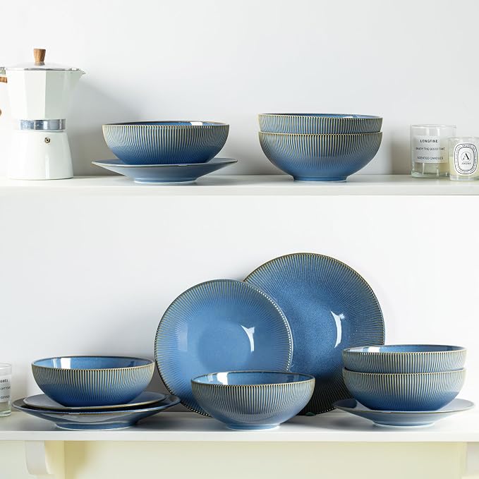 Dinnerware Sets for 4, 12 Piece Stoneware Plates and Bowls Sets, Ribbed Texture, Scratch Resistant Dish Set, Microwave and Dishwasher Safe, Blue