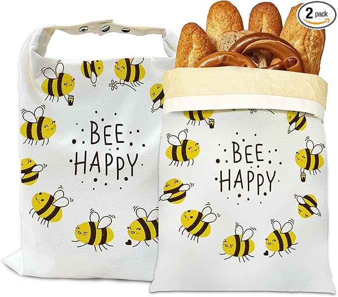 Bread Bags for Homemade Bread, Bee Happy 2 Pack Linen and Beeswax Sourdough Storage Bags, Reusable Keeper, Keeps Breads Fresh Longer, Gifts for Bakers