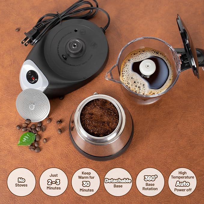 Electric Moka Pot 3-6 Cup 150-300ml Plastic Transparent Stovetop Espresso Maker Portable Stainless Steel Mocha Pot Percolator Italian Coffee Makers Greca Machine Cafe Classic for Home Camping