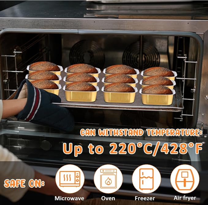 Vesici 100 Sets Mini Loaf Pans with Lids, 5.7 oz Disposable Aluminum Foil Baking Cups, Rectangle Cake Pans for Baking Storage Birthday Party(Gold)