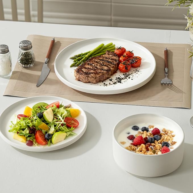 12 Piece Dinnerware Set, Modern Minimalist Stoneware Plates and Bowls Sets, Modern Dinner Plate, Salad Plate, Cereal Bowl, Dish Set for 4, Microwave and Dishwasher Safe, Matte White