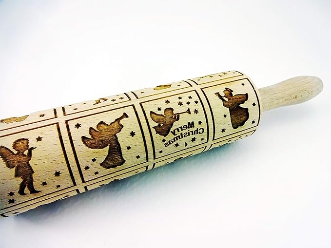 Embossing Rolling Pin for Christmas Cookies, Gingerbread, Shortbread by Algis Crafts (Christmas Angels)