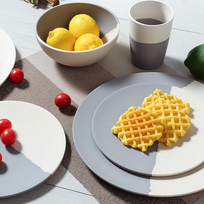 MORGIANA 8 pcs Bamboo Dinnerware Set Plates Bowls Sets, Camping Picnic Dishes Tableware Set for 2 (Grey & White)
