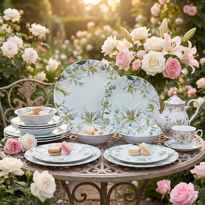 12-Piece Melamine Dinnerware Set, Green & White | Shatterproof Plates and Bowls, Elegant Lily Pattern, Everyday Dining, Outdoor Picnics and RV Camping