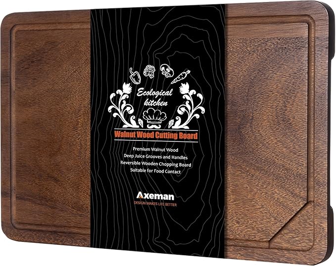Axeman Walnut Wood Cutting Board with Juice Groove for Kitchen Countertop, Tick American Black-Walnut Wooden Chopping Board Charcuterie Board Butcher Block for Meat Vegetables, 24x18 inch