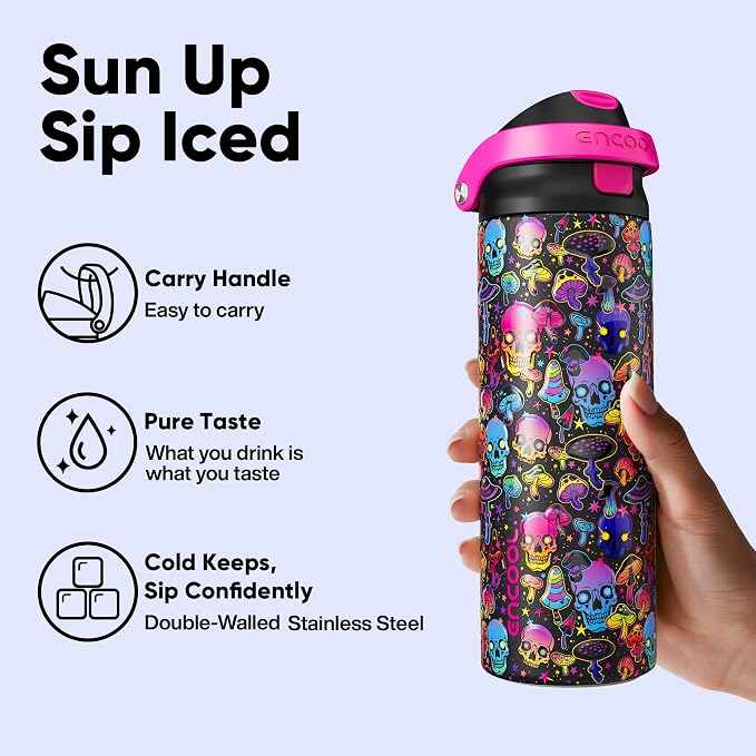 Encool SwiftSip Insulated Stainless Steel Water Bottle with Straw - Leak Proof Sports Water Bottle for School, Travel, Keeps Cold All Day, One-Touch Flip Lid, BPA-Free, 24 oz, Trippy Skulls
