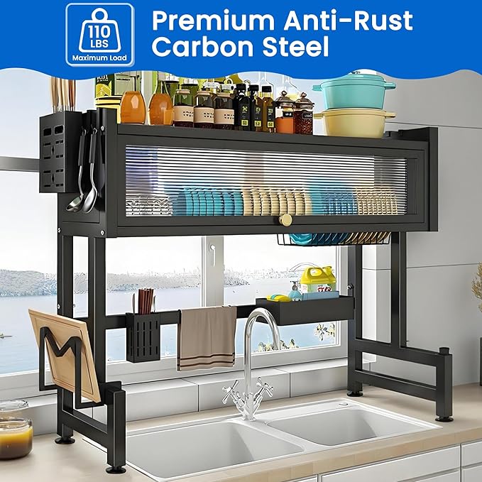 Dish Drying Rack, 3 Tier Over The Sink Dish Drainer Drying Rack, 33.5" Over Sink Dish Rack, Space-Saving Kitchen Sink Organizer, Large Drying Rack with Cover Baskets Black
