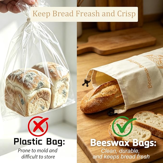 2 Pack Beeswax Bread Bags for Homemade bread＆Sourdough, 17x13 inch XL Reusable Organic Linen, Freezer-Friendly Eco-Friendly Storage for Bread, Keeps Loaves Fresh Longer