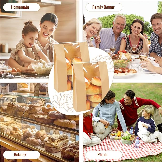 200 Packs Paper Bread Bags for Homemade, Sourdough Bread Bags with Clear Window Includes Label Seal 200 Pcs Stickers, Bakery Packaging Storage for Cookies Snack (13.7x8.2x3.5 inch)