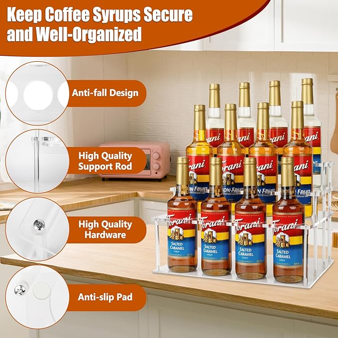 Acrylic 12 Bottle Capacity Coffee Syrup Organizer, 3-Tier Coffee Syrup Rack, Syrup Bottle Holder Stand for Coffee Bar Kitchen Countertop, Family Storage for Syrup Wine Dressing