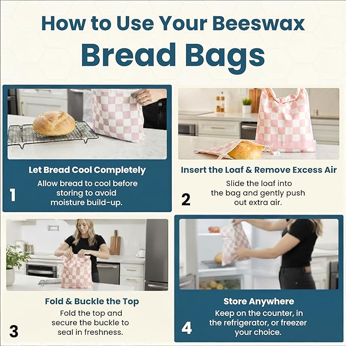 3-Pack Reusable Beeswax Bread Bags (XL, M, S) - Organic Cotton Beeswax Bread Storage Bag for Homemade Bread & Sourdough Freezer-Safe, Breathable & Freshness Support - Eco-Friendly Bread Bag