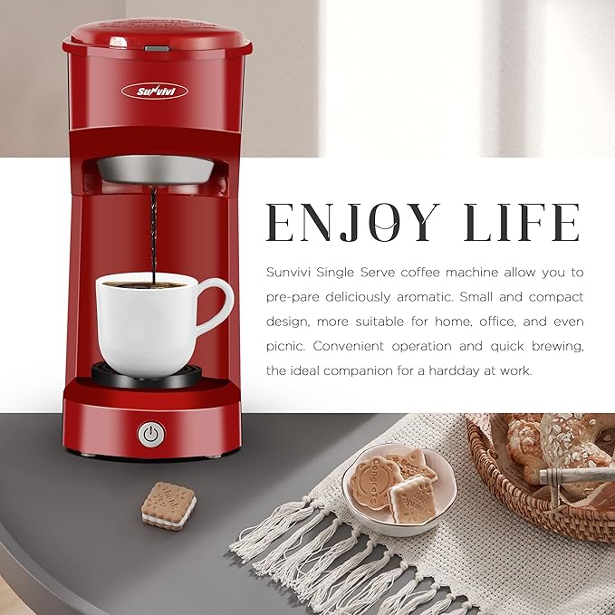 SUNVIVI Coffee Maker, Single Serve Brewer for Single Cup, One Cup Coffee Maker With Permanent Filter, 6oz to 14oz Mug, One-touch Control Button with Illumination,Red (ETL Certified)