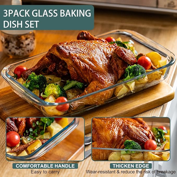 Glass Baking Dish, Glass Baking Dishes for oven,Food Container 3-Piece Set for Cooking Lasagna Kitchen Baking Bakeware Set Oven Microwave Refrigerator Dishwasher Safe (6)