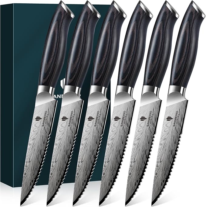 Steak Knives Set of 6, Ultra Sharp 4.5 Inch High Hardness Powder Steel Steak Knife Set, Serrated Steak Knives with Ergonomic Pakkawood Handle Japanese Knives for Steak, Bread and Butter