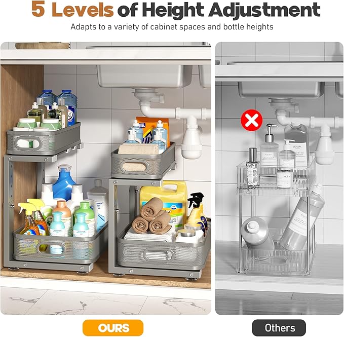 2 Pack 21.3IN-Depth Under Sink Organizer with Smooth Cylindrical Rail,2-Tier Pull Out Multi-Purpose Cabinet Storage for Bathroom&Kitchen,Height Adjustable,Rust-Resistant Coating-Gun Gray