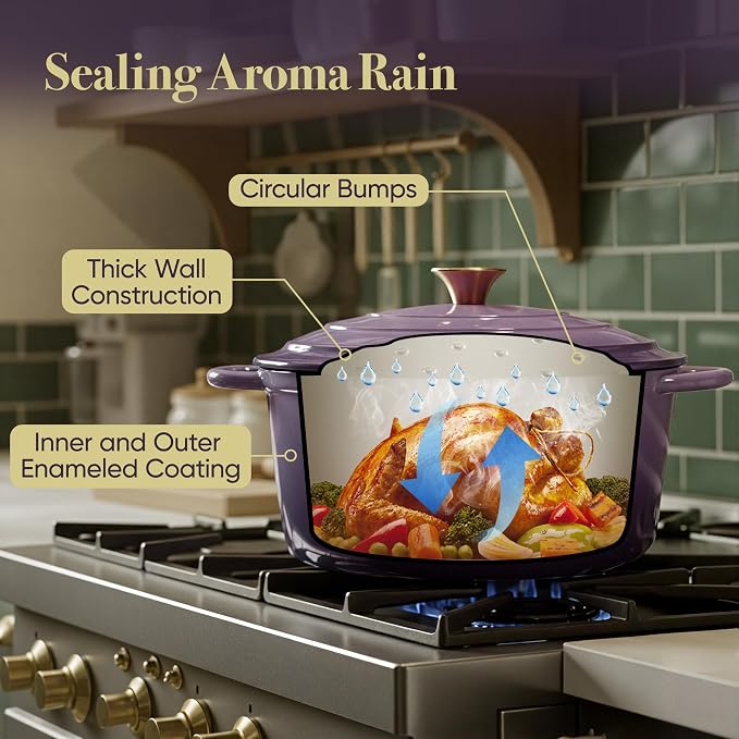 4.5 Quart Dutch Oven Pot with Lid, Non Stick Enameled Cast Iron Dutch Oven for Bread Baking, Heavy-Duty, Oven Safe Ceramic Cookware Up to 500°F for Baking, Braising, Stews, Roasting, Purple