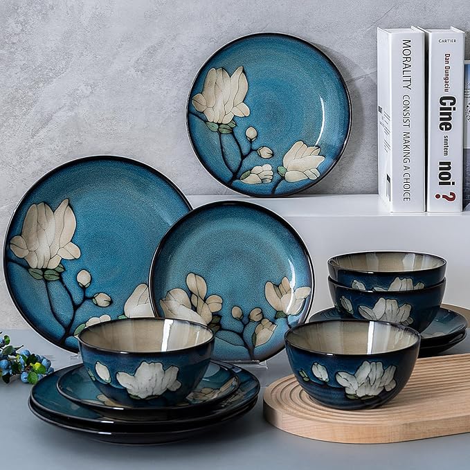 Dinnerware Set Blue Stoneware 12 Pieces Service for 4, Stoneware Plates and Bowls Set Stoneware Set, Dishwasher Microwave Safe Dishes set