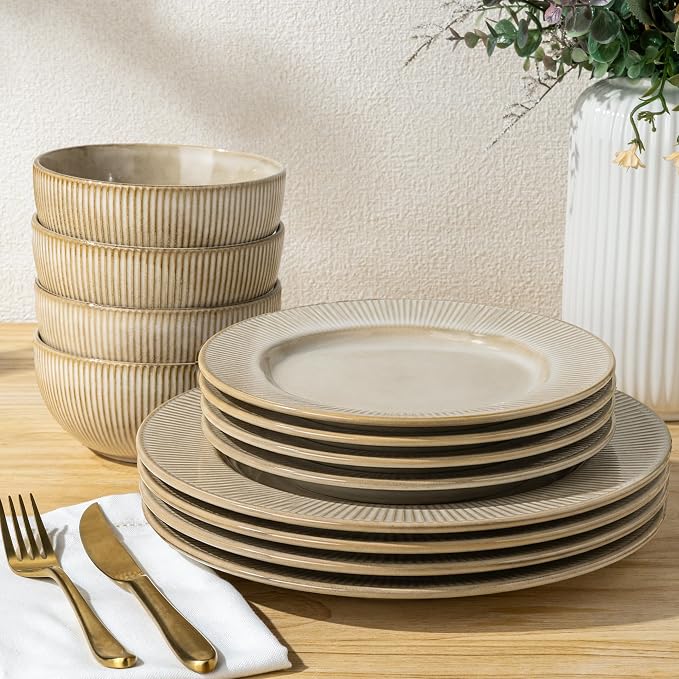 GBHOME Ceramic Dinnerware Sets,12 pcs Embossed Elegant Stoneware Plates and Bowls Sets, Housewarming Wedding Gift | Dishwasher & Microwave Safe | Dishes Set Service for 4