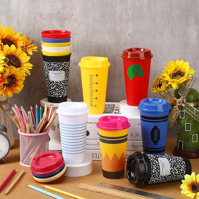 Skylety 12 Pcs Back to School Teachers Gifts Teacher Appreciation Gifts Teacher Deals Bulk Reusable Plastic Coffee Cup with Lid for First Day of School Party Decorations (Elegant)