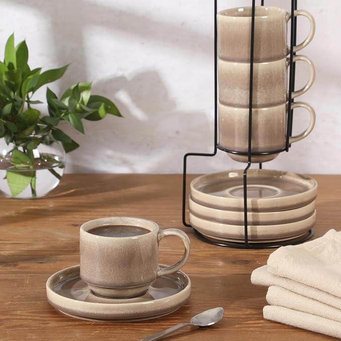 Gibson Elite Sunrise Hills 9-Piece Stackable Stoneware Cup and Saucer Set with Metal Rack, 6 oz, Service for 4, Dishwasher and Microwave Safe, Taupe