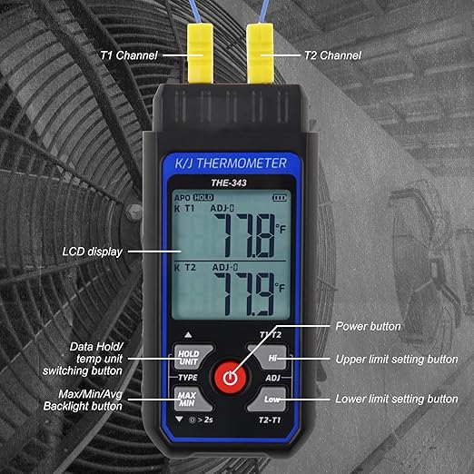 Thermocouple Thermometer HVAC Temperature Meter, Digital Temperature Thermometer with 4 K Type Thermocouple, Dual Channel Temperature Gauge with Alarm & ADJ Compensation (-328~2500℉ Measuring)