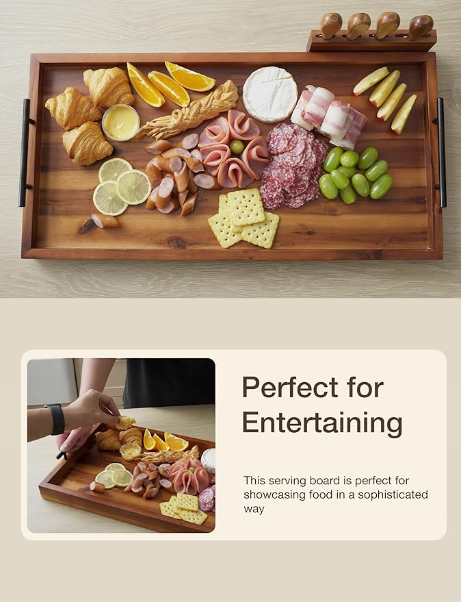 TIDITA 24" Large Charcuterie Tray with Handles, Extra Long Wooden Serving Cheese Boards - Serving Platter for Meat, Party Appetizers, Outdoor & Fruits Display (Acacia Wood)