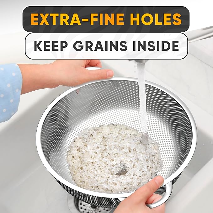 Stainless Steel Strainer Bowl With Handles - 5Qt Rice Washer Strainer Bowl for Grains, Beans, Spaghetti, Veggies, Fruits - Dishwasher Safe & Rust-Resistant Metal Strainers for Kitchen With Fine Holes