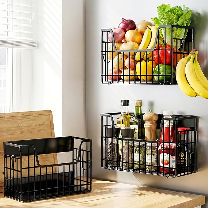3PCS Magnetic Shelves for Fridge, Strong Metal Magnetic Fruit Vegetable Basket Kitchen Storage Fridge Organizer for Potato & Onion, Fully Assemble