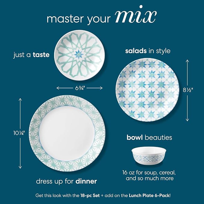 Corelle 18-Piece Service for 6, Chip Resistant Dinnerware Set, Amalfi Verde