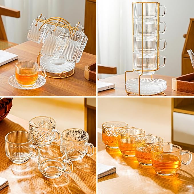 Atarvana 6 Pack Glass Tea Cups and Saucers Set with Spoons, Glazeal Stackable 5.41oz/160ml Heat-Resistant Espresso Cups, Transparent Tea Glass for Cappuccino, Latte, Cafe and Home Kitchen Use