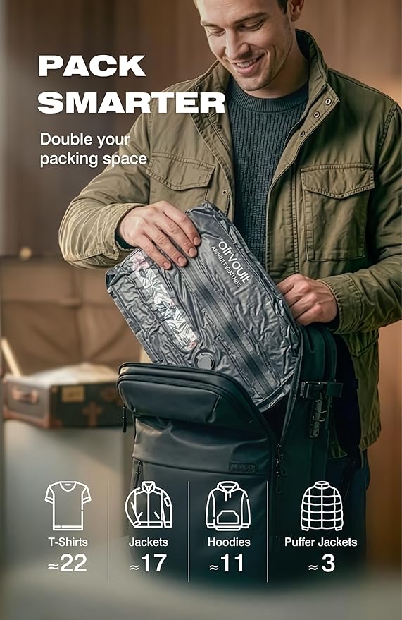 AirVault Reusable Vacuum Compression Travel Bag for Carry-On Suitcase and Backpack, Recycled IPX8 Waterproof Space Saver Vacpack (18L Gray (2-Pack) (Air Pump Included)