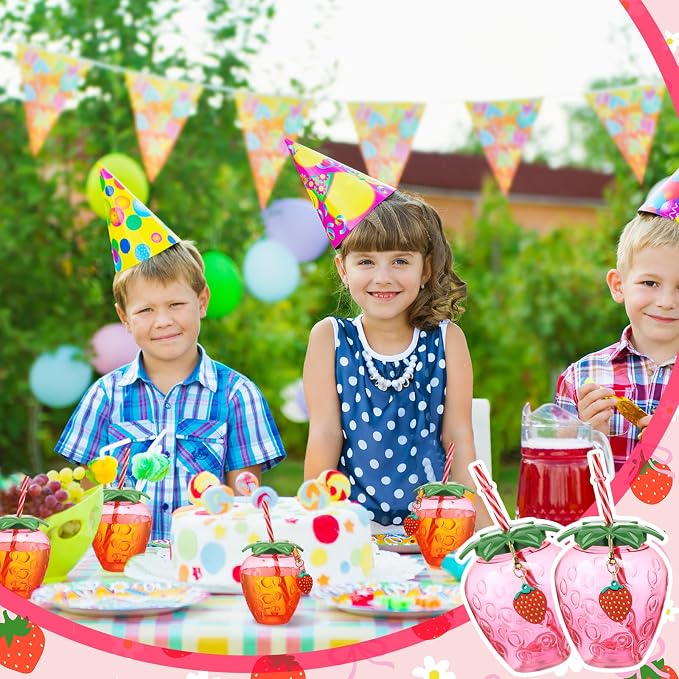 LemonRoad 17 oz Strawberry Shaped Cups with Lids and Straws Reusable Cute Drinking Cups Strawberry Water Bottles for Hawaiian Summer Party (6 Pcs)