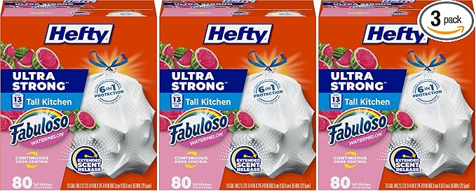 Hefty Ultra Strong 13 Gallon Trash Bags, Tall Kitchen Trash Bag's 13 Gallon Size, Resist Leaks, Punctures, and Rips, Continuous Odor Control, White, Fabuloso Watermelon Scent, 80 Bag's (Pack of 3)