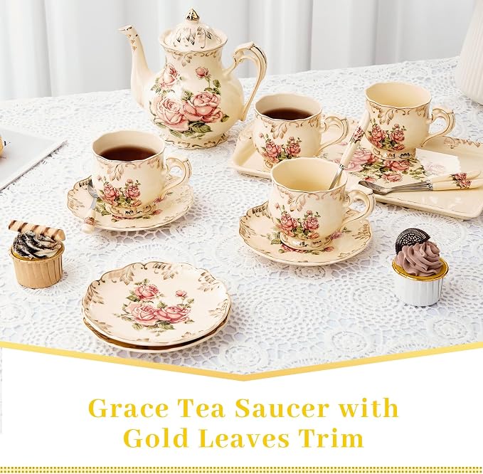 YOLIFE Ivory Vintage Floral Tea Saucers Set of 4, 5.8 inch with Gold Leaves Trim – Beautiful Porcelain Tea Plates for Cups, Ideal for Tea Parties