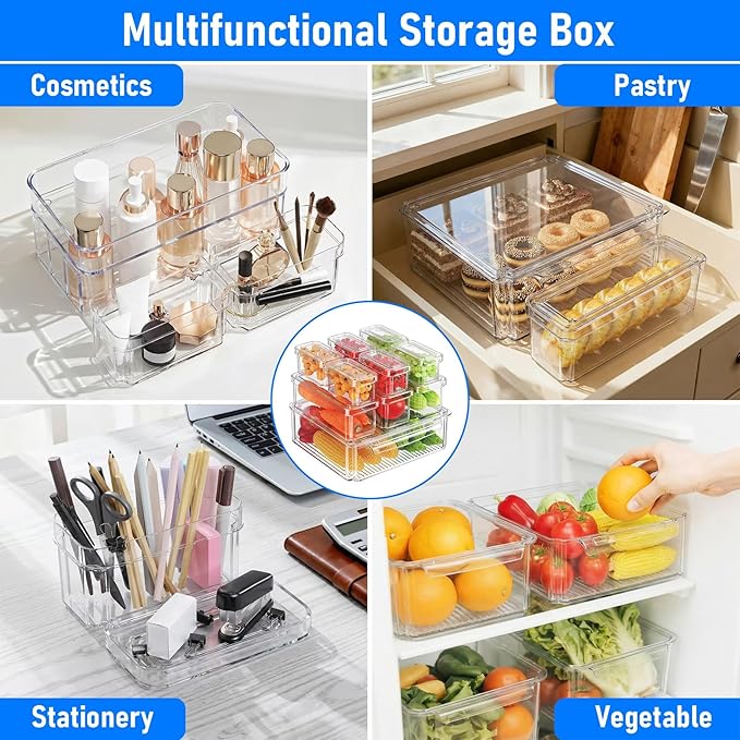 10 Pack Fridge Organizers and Storage, Clear Plastic Storage Bins with Lids , Stackable Food Containers with Drain Boards, Produce Saver for Vegetables, Fruits, Meat, Kitchen Organization and Storage