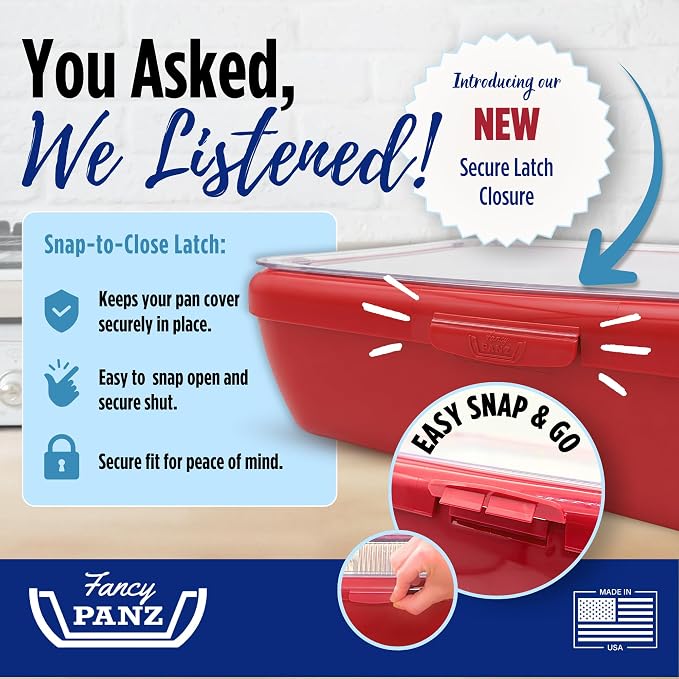Fancy Panz Red Premium Aluminum Foil Pan Carrier with Secure Latch Lid & Hot/Cold Gel Pack - Made in USA Reusable Casserole Carrier for Half Size Pans - Food Transport Holder for Entertaining