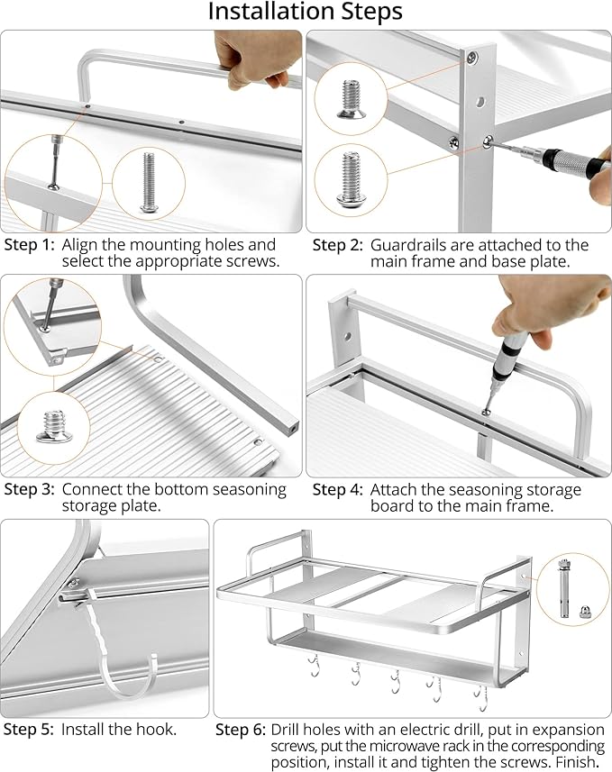 QWORK Microwave Oven Rack Shelf, Wall Mount Electric Oven Holders, Aluminum Double-Layer Microwave & Spice Rack, 2 Shelves with 10 Hooks, Support Load 88lbs, 21.65"x15"x9.84"