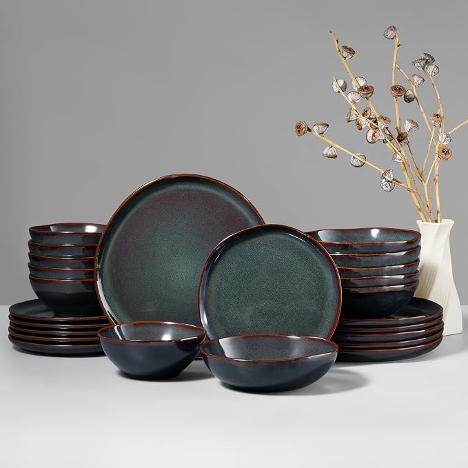 HaWare Plates and Bowls Set, Stoneware Dinnerware Sets, 24-Piece Hand-painted Dishware for 6, Ceramic Dinner Set for Home Kitchen, Scratch Resistant, Microwave and Dishwasher Safe, Reactive Moss Green