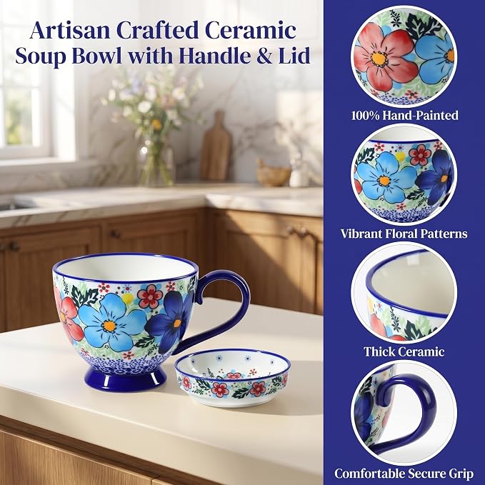 17oz Hand-Painted Ceramic Coffee Mugs with Handles & Lids | Decorative Soup or Tea Cup, Includes Saucer, Large Loop Handle, Microwave Safe, Fathers Day Dad Gifts from Daughter Son Wife