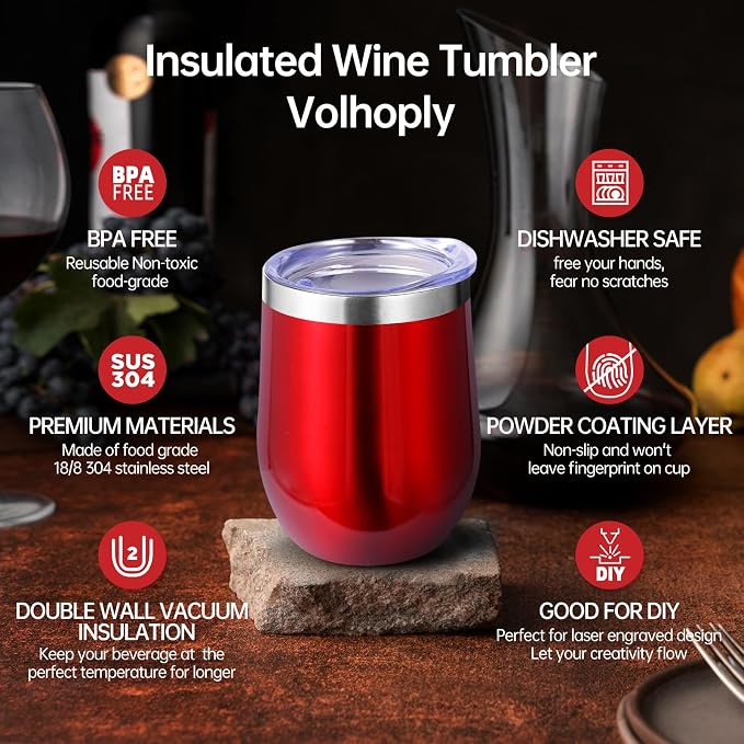Volhoply 12oz Stainless Steel Wine Tumbler with Lid Bulk 12 Pack,Double Wall Vacuum Stemless Wine Glasses,Reusable Metal Travel Coffe Mug with Straw,Insulated Cups Gifts for Christmas（Assorted,12 Set）