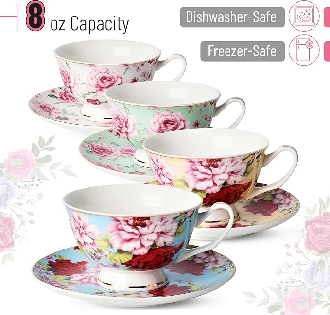 BTaT- Floral Tea Cups and Saucers Set of 4, 7 oz | Porcelain Tea Cup Set Assorted Colors Gold Trim Dishwasher Freezer Safe