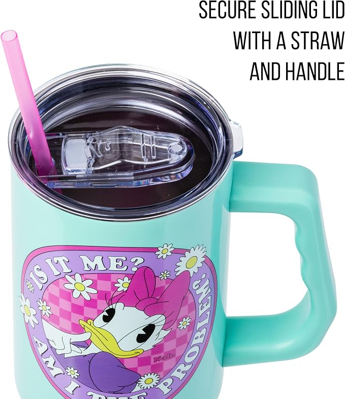 Silver Buffalo Disney Daisy Duck “Is It Me? Am I the Problem?” Stainless Steel Tumbler with Handle, Fits in Standard Cup Holder, 40 Ounces