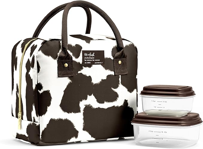 Fit & Fresh Bloomington Lunch Bag for Women - Insulated Large Lunch Box for Work with Containers, Leak-Resistant, Stain-Resistant, Zipper Closure Cowhide Brown on Brown
